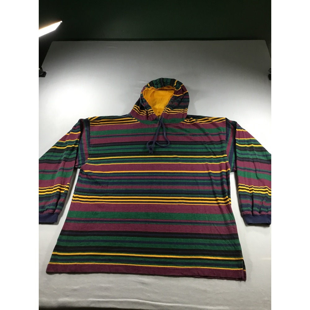 SedanClothing L Retro Striped Hooded Fall Long Sleeve Shirt Green Purple Yellow